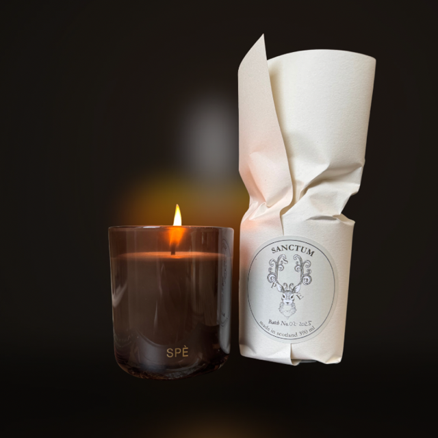 Sacred frankincense and resin-scented candle in smoke glass – Sanctum by SPÈ Atelier.
